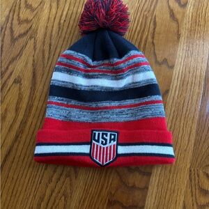 Red, White, and Blue Beanie with USA soccer Logo
